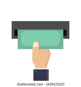 Withdraw money from ATM, Hand hold money and take cash money from ATM, flat design vector illustration