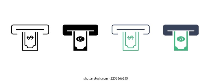 Withdraw Money in ATM Line and Silhouette Icon Set. Removing and Insert Cash to ATM Bank Service Pictogram. Payment Transaction Symbol Collection on White Background. Isolated Vector Illustration.