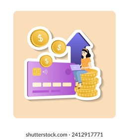 Withdraw sticker illustration. An image of a bank card and a girl sitting on coins. Flat vector sticker illustration