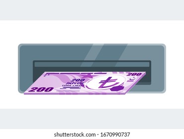 Withdraw Turkish Lira money from ATM Machine vector illustration flat design. Turkey Payment and finance element. Can be used for web and mobile, infographic and print.