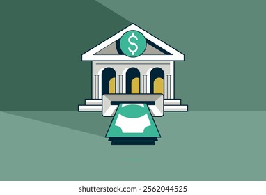 Withdrawal concept poster, bank building with money stack from ATM vector icon style illustration, withdraw money from deposit, bank gives credit metaphor.