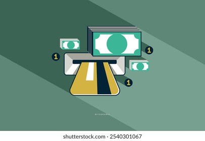 Withdrawal concept poster, money stack from ATM vector icon style illustration, withdraw cash money from bank account, receive payment.