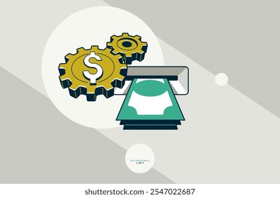 Withdrawal limit concept poster, ATM with money stack and gears vector icon style illustration, bank credit card settings.