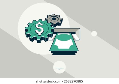 Afiche de concepto de límite de retiro, cajero automático con pila de dinero y engranajes ilustración de estilo de icono de Vector, Configuraciones de tarjetas de crédito bancarias.
