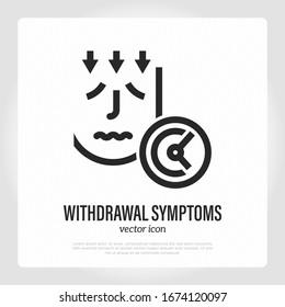 Withdrawal Symptoms. Thin Line Icon. Alcohol Abuse. Sad Man With Arrows Down And Timer. Healthcare And Medical Vector Illustration.