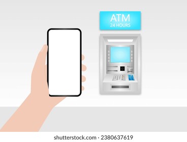 Withdrawing Money from ATM by Using Smartphone. Online Payment or Internet Banking Concept. 