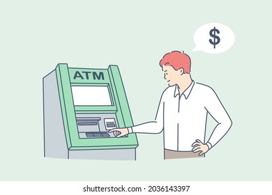 Withdrawing money on atm concept. Young man standing entering pincode on atm machine for getting money cash vector illustration 