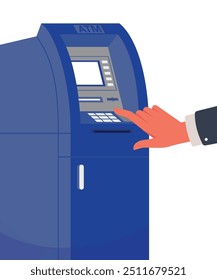 Withdrawing money on atm concept stock illustration. Withdrawing money on atm concept. Hand entering pincode on atm machine for getting money cash vector illustration