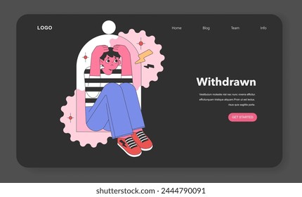 Withdrawn concept. Huddled figure within a bubble signifies isolation. Symbolic lightning bolt represents internal strife. Solitude in focus. Flat vector illustration