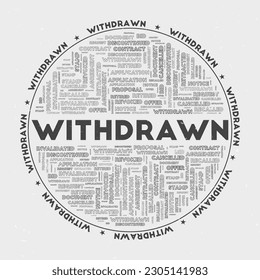 Withdrawn - round badge. Text withdrawn with keywords word clouds and circular text. Vulcanized color theme and grunge texture. Astonishing vector illustration.