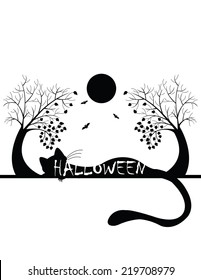 withe and black halloween silhouette with cat, bat, moon and tree