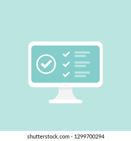 withe computer with check list and ok tick on it. Flat vector simple icon isolated on blue. web shopping illustation. Internet test symbol. Good for web and mobile design. 