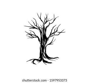 wither tree and roots vector illustration, molt tree, drought tree vec