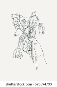 withered flowers in her hand, gone feeling concept. Hand drawn illustrations