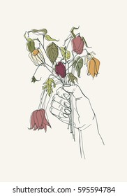 withered flowers in her hand, gone feeling concept. Hand drawn illustrations