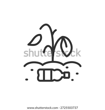 Withered plant and bottle, linear icon. Environmental pollution and soil contamination. Line with editable stroke.