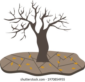 A withered tree with fallen flattery and cracked earth. Water scarcity problem. Vector illustration. Vector.