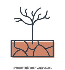 Withered tree grows in dry soil, vector isolated icon.  The concept of global warming and climate change.