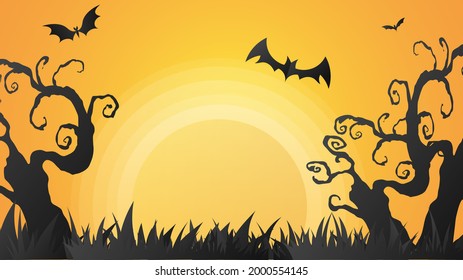 Árboles secos y hierba en los bosques sobreplantados en cementerios y murciélagos, sobre fondo anaranjado , ilustración vectorial EPS 10