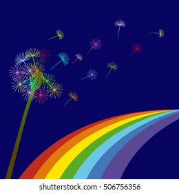 Withered varicolored dandelion and rainbow on a blue background. Logo concept of peace, happiness and prosperity.