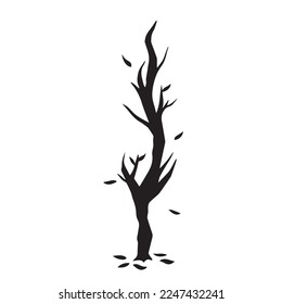 Withering dead vertical thin tree with falling leaves silhouette vector illustration isolated on plain white background. Simple flat outdoor decoration on fall season.