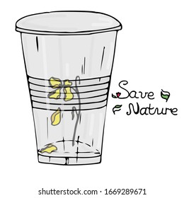 A withering flower in a plastic glass, the contamination of the planet with unprocessed plastic, the death of plants. The purpose of nature conservation. For posters, logos on environmental topics.