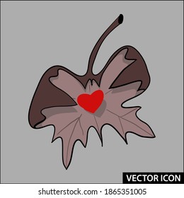 a withering leaf from a tree with a red heart in the middle