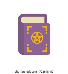 Withes spell book flat icon. Purple occult book with pentagram on cover. Halloween flat illustration