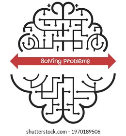 Within the two hemispheres of the brain, there are complex thought processes like a maze. And a red arrow across. Out of the box thinking ideas can reduce time and come up with new solutions.