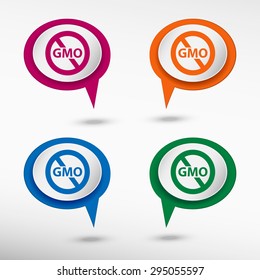 Without Genetically modified food symbol on colorful chat speech bubbles