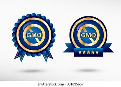 Without Genetically modified food symbol stylish quality guarantee badges. Blue colorful promotional labels