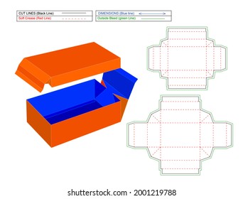 without glue foldable box, corrugated standard shipping box dieline template and 3D render