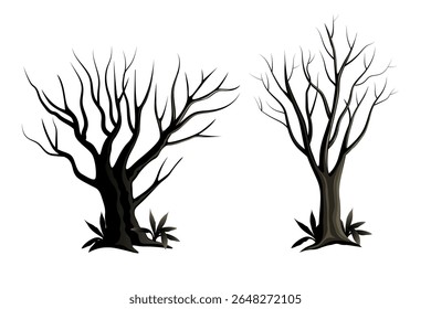 without leaves dead trees isolated on the white background.halloween concept graveyard trees clip art vector illustration.