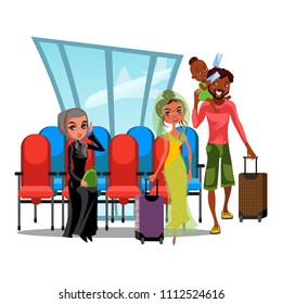 Witing room airport window and rows of chairs, multinational people in terminal, Asian woman with luggage, rican American man hold baby girl in hands carries suitcase vector illustration