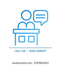 Witness pixel perfect gradient linear vector icon. Person giving evidence in law court. Case investigation at trial. Thin line color symbol. Modern style pictogram. Vector isolated outline drawing
