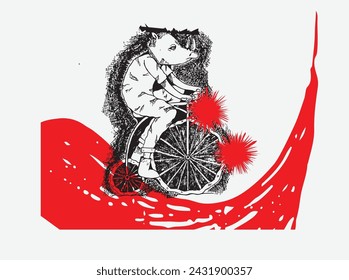 Witness the ride of the rhino in this calligraphy masterpiece, where the strength of the majestic creature meets the motion of a bicycle. The artful blend of ink and imagination creates a captivating 