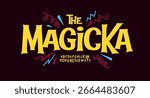 Witty bright font features bold bouncy serif letters in fun fairytale style, blending magic, mystery and childish energy into a playful typeface for party headlines, posters, logos. Vector typeface