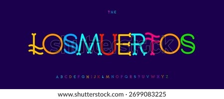 Witty Colored Font Logo Alphabet Festive Latin Playful Typography, Creative Mexican Lettering for Dim De Los Muertos Title, Kids Birthday, Carnival Poster Headline, Party Branding. Vector Typeset