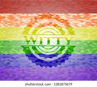 Witty emblem on mosaic background with the colors of the LGBT flag