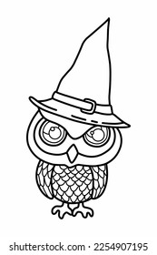 Wizad owl line art. Owl witch with hat. 