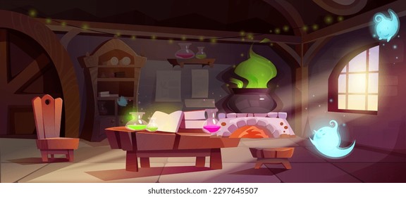 Wizard alchemical room. Table with test tubes with chemicals and ingredients next to cauldron with green fumes. Potion brewing and magic, witchcraft and sorcery. Cartoon flat vector illustration