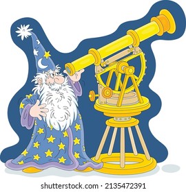 Wizard astrologer and astronomer with a big white beard watching stars and planets in the night sky with an old telescope, vector cartoon illustration isolated on a white background