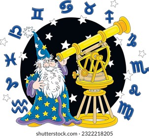 Astrónomo asistente y astrónomo con una gran barba blanca observando estrellas y planetas en el cielo nocturno con un viejo telescopio rodeado de signos zodiacos, ilustración de dibujos vectoriales