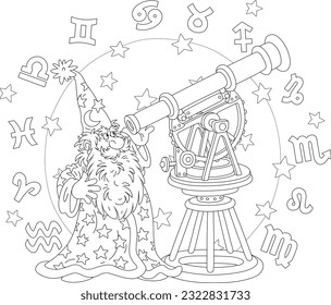 Wizard astrologer and astronomer with a big white beard watching stars and planets in the night sky with an old telescope surrounded by Zodiac signs, black and white outline vector cartoon