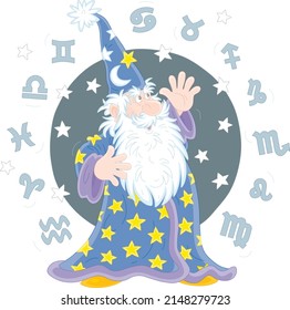 Wizard astrologer reciting magic spells and Zodiac signs of constellations flying around him, vector cartoon illustration isolated on a white background