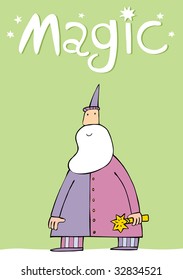 The wizard with the big beard and a magic wand an illustration