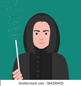 Wizard in black clothes with magic wand. Fantasy and fairy tale