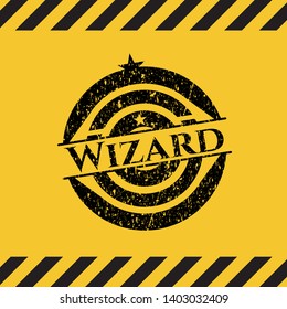 Wizard black grunge emblem inside yellow warning sign. Vector Illustration. Detailed.