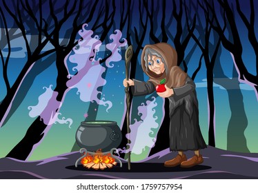 Wizard with black magic pot cartoon style on dark forest background illustration