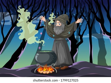 Wizard with black magic pot cartoon style on dark forest background illustration